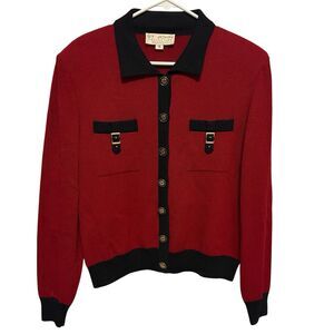 VTG St. John Collection Santana Knit Cardigan Sweater Women 10 Red Black Classic
